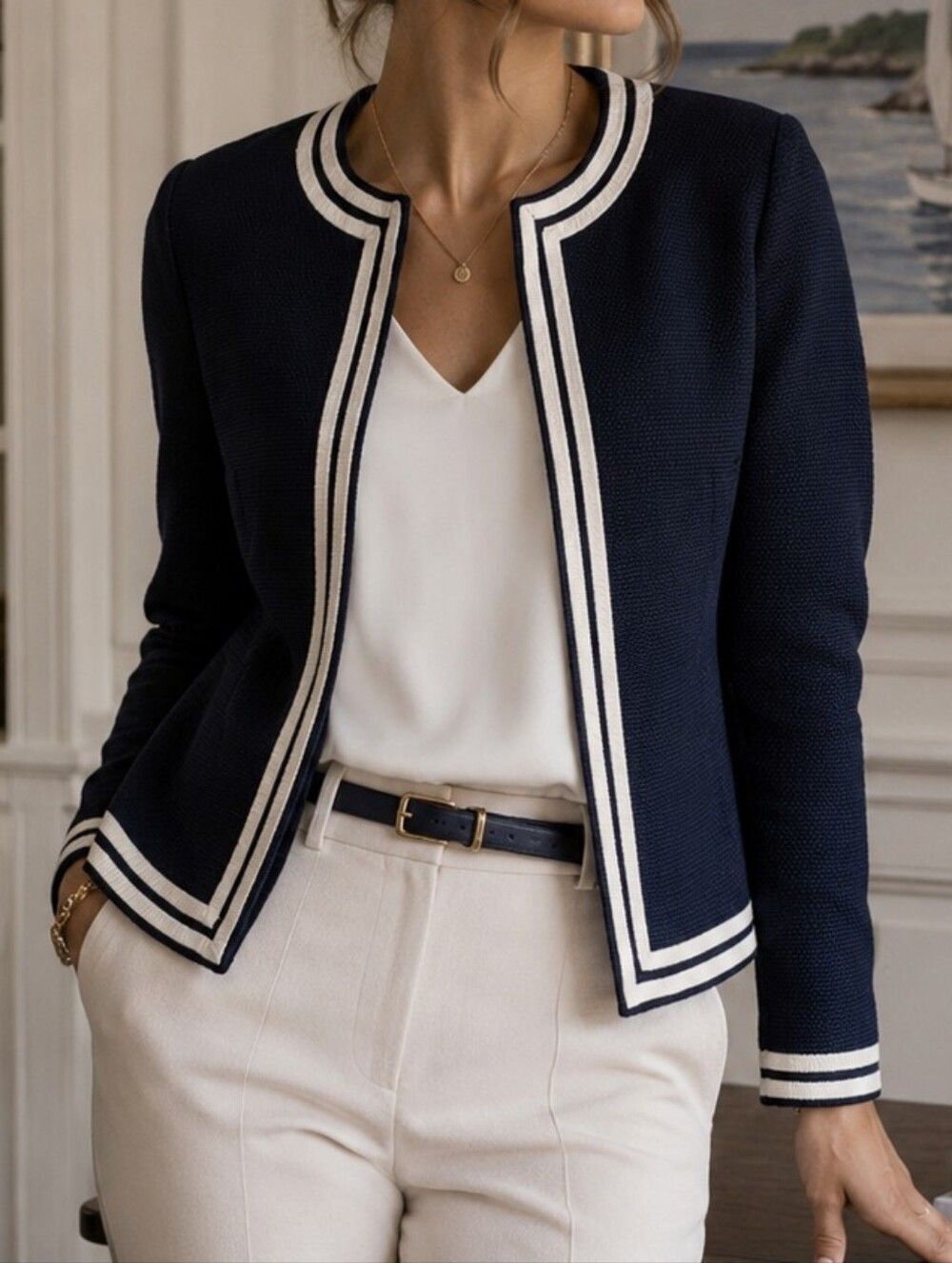 Talbots Navy Textured Trim Blazer Jacket Women’s Size 10 Preppy Coastal Workwear